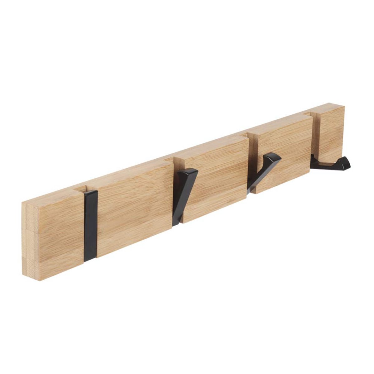 Famanu Wandgemonteerde opvouwbare bamboe kapstok met 4 intrekbare metalen haken, ideaal voor jassen, sjaals, handdoeken en tassen, houtkleur Naturel