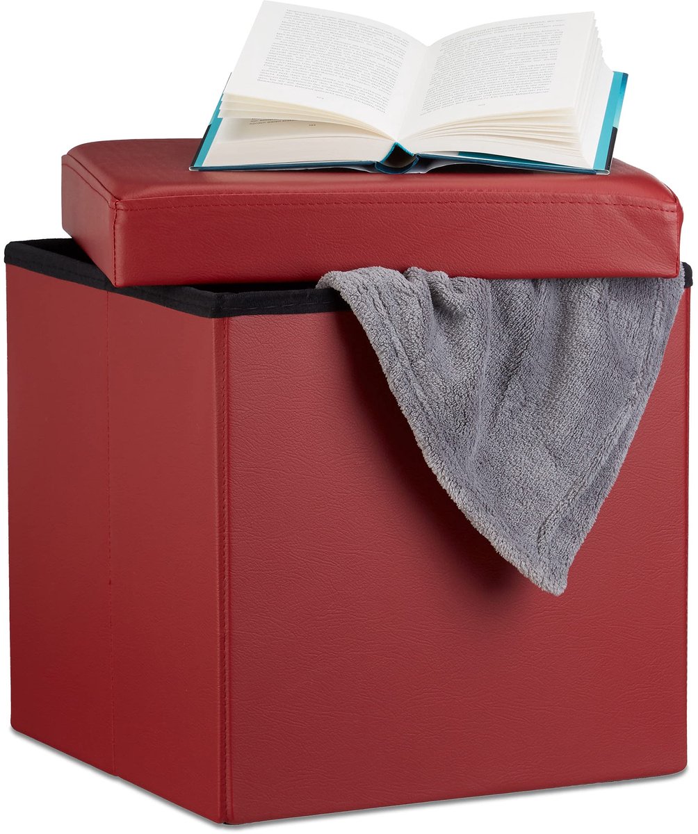 Famanu – Opvouwbare poef met opbergruimte, 38 x 38 x 38 cm, vierkant, stevig, voetenbank en zitkist, donkerrood