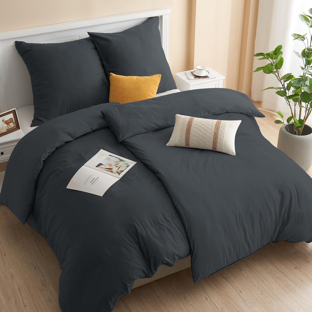 Famanu – Beddengoed set van 4 delen, 135 x 200 cm, donkergrijs, zachte 100% microvezel