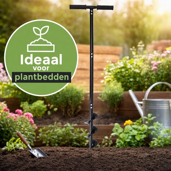 Zwarte grondboor in een tuin met 'Ideaal voor plantbedden' icoon.