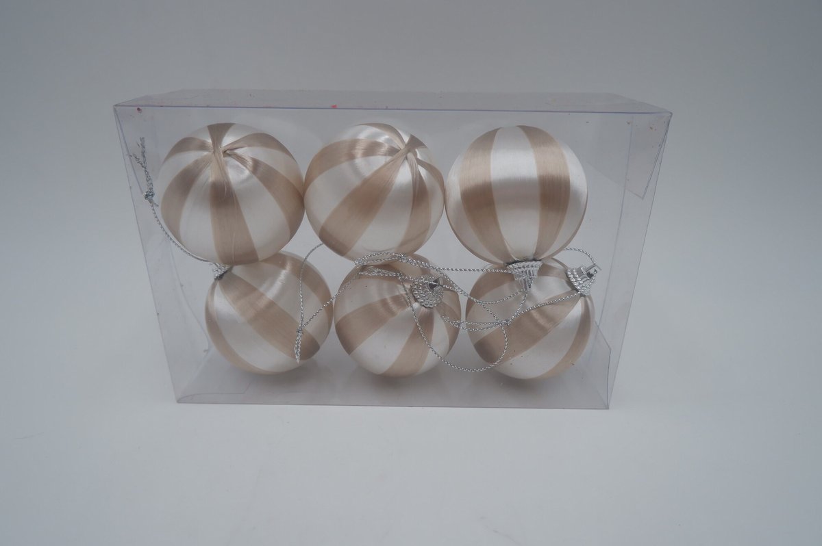 Kerstbal Set van 6 gestreept - Beige/wit