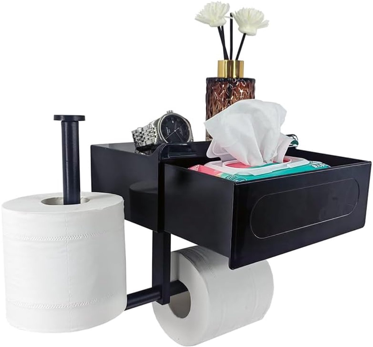 Trywise Toiletrolhouder met Opberglade - Wandmontage met Plank en Vak voor Vochtige Doekjes - Voor Badkamer - Zwart
