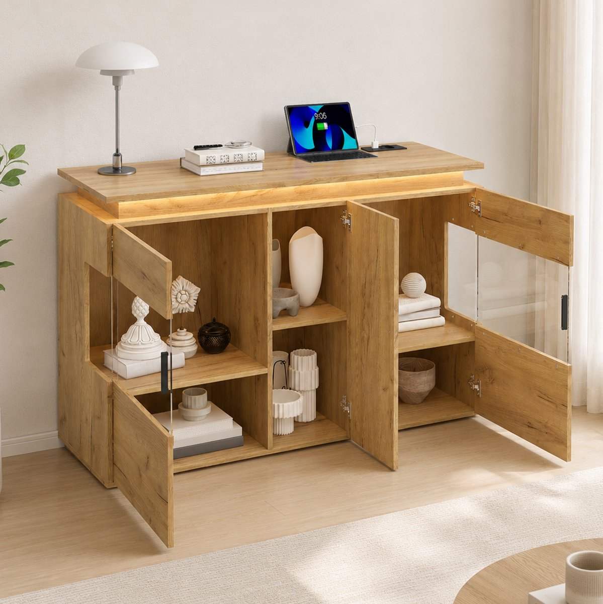 FloraGrace Buffetkast - Ledverlichting Met Usb En Type C Oplaadpunt - Voor Woonkamer, Eetkamer En Keuken - Licht Eiken - 120 Cm
