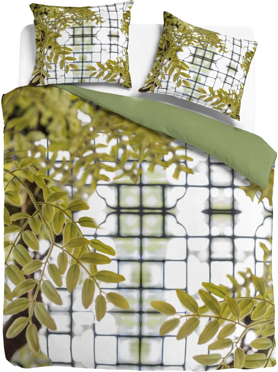 Padiro dekbedovertrek 155 x 220 cm - meerkleurig - plant bladeren print design - katoensatijn - met 1 kussensloop 80 x 80 cm