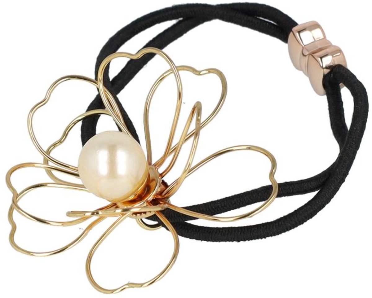 Haarsoires Haarelastiek – Bloem 5cm – Metaaldraad Parel – Zwart Wit Goud