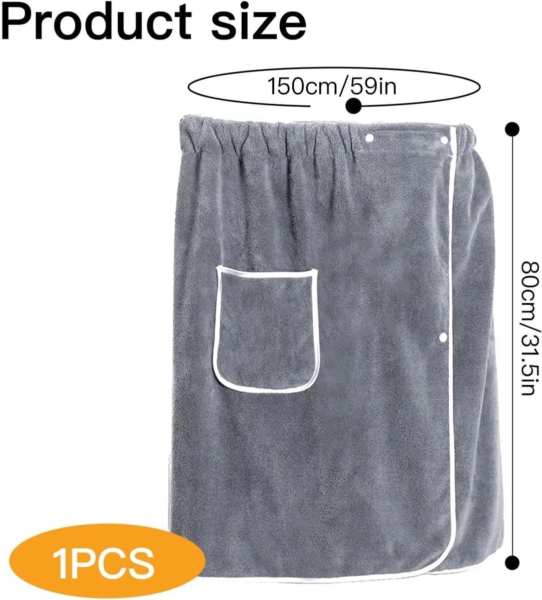 Saunahanddoek - Grijs - 65 x 140 cm - Sneldrogend Fleece met Drukknoop en Verstelbare Taille - Voor Heren