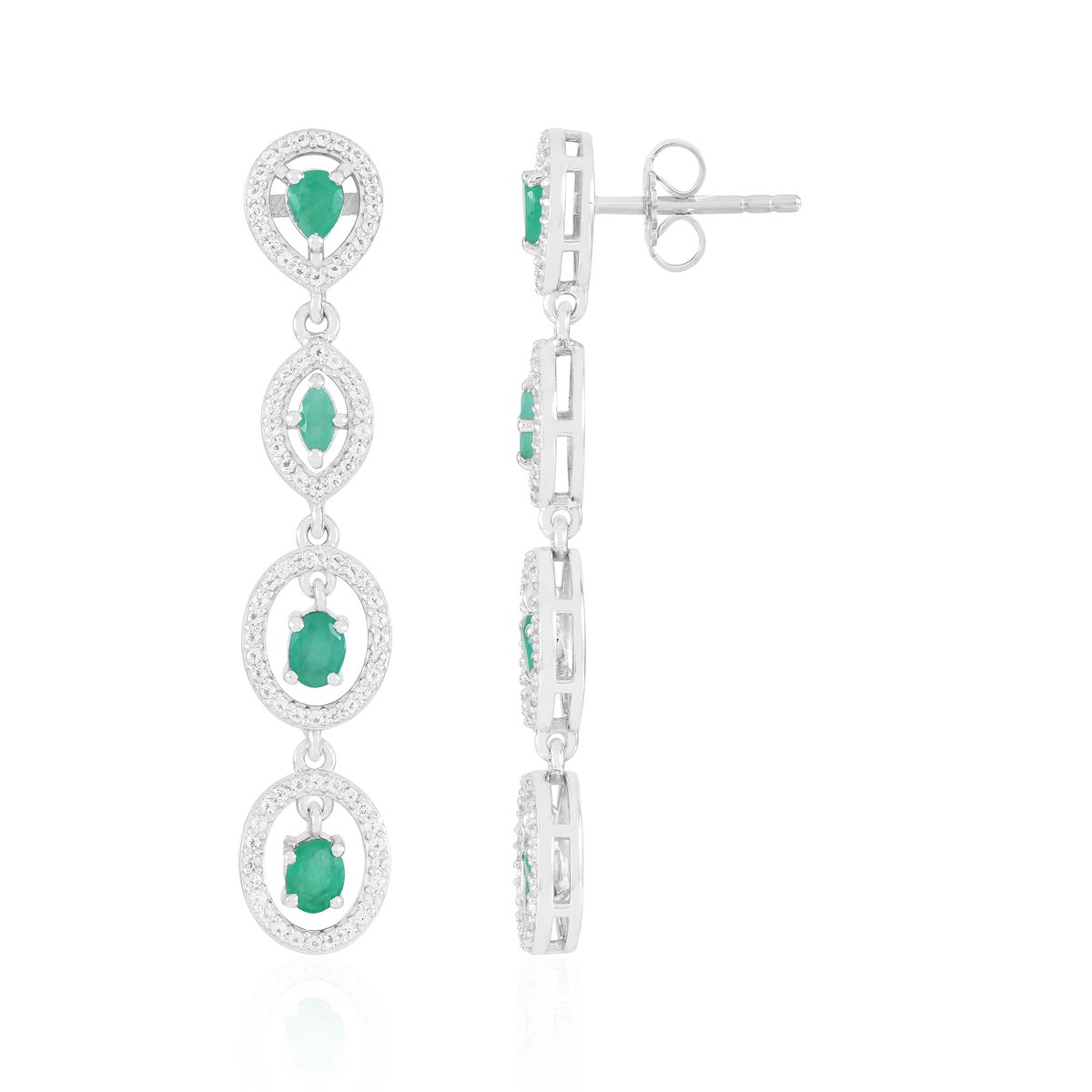 Cavill - Zilveren Oorbellen 925 Sterling - Braziliaanse Socoto Smaragd 1,431 ct - Witte Topaas 0,594 ct - Langhangend Elegant
