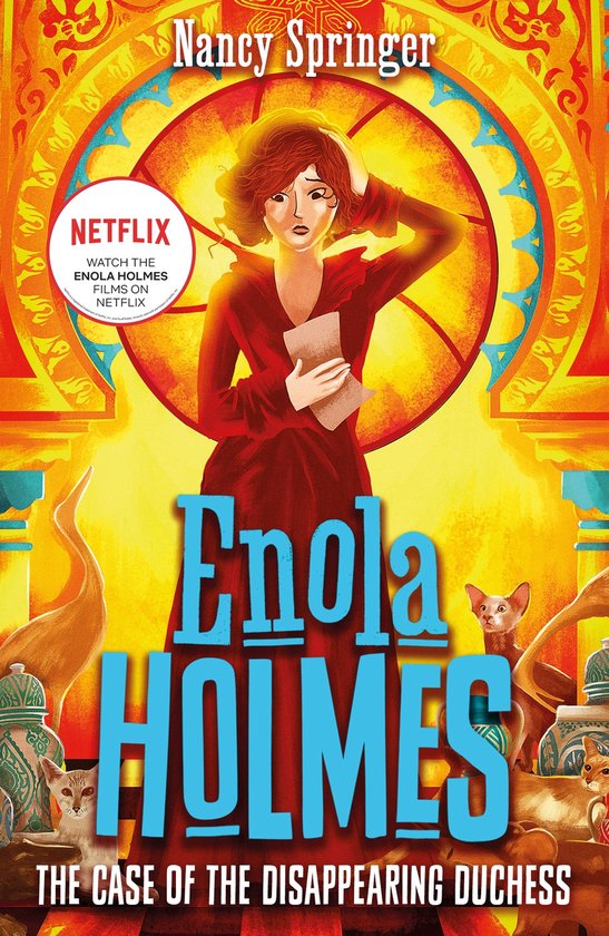 Boekomslag 'Enola Holmes: The Case of the Disappearing Duchess' met een vrouw in rode jurk en Netflix-logo.