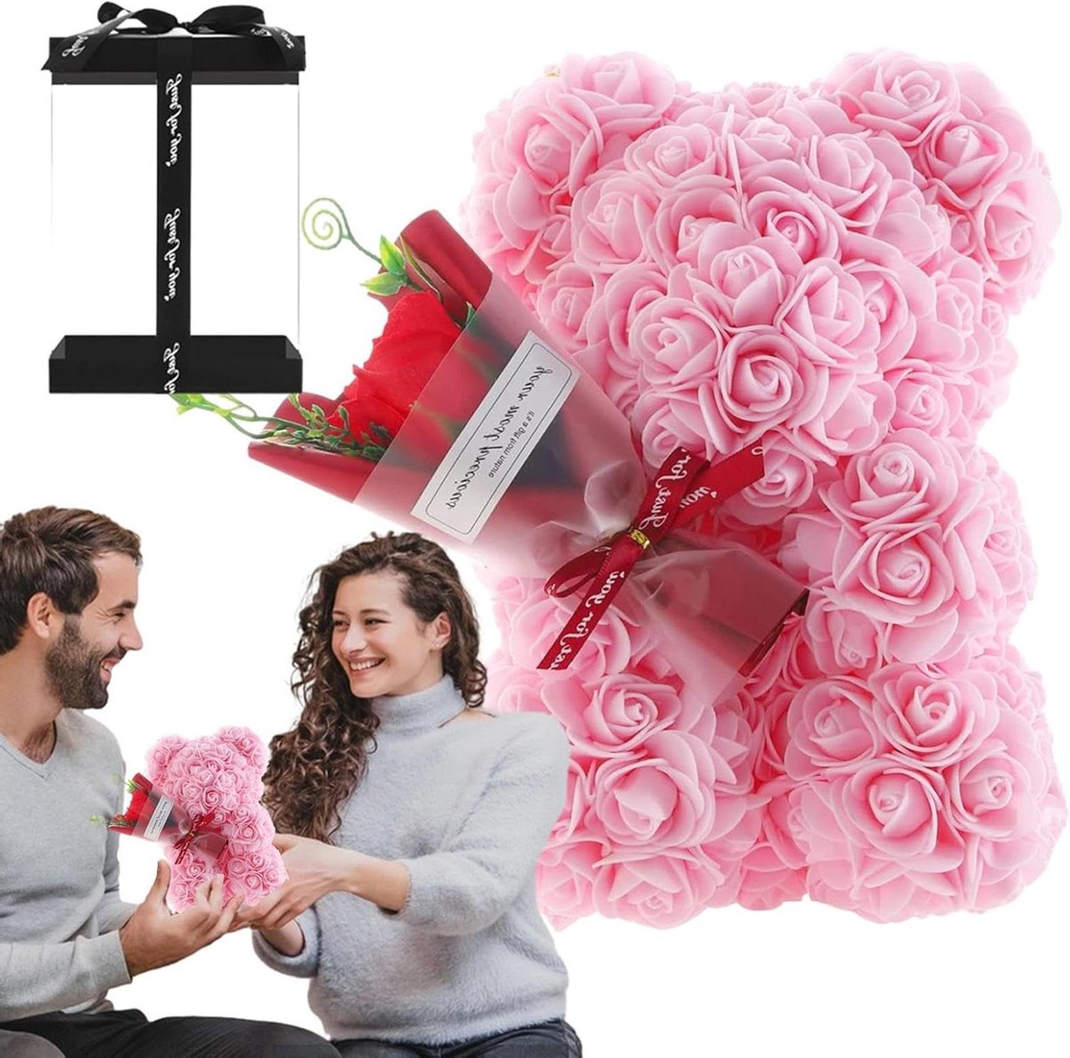 Rozen beer - Bloemen beer - Decoratie geven - Handgemaakt met rozen - 24 cm - Lichtroze