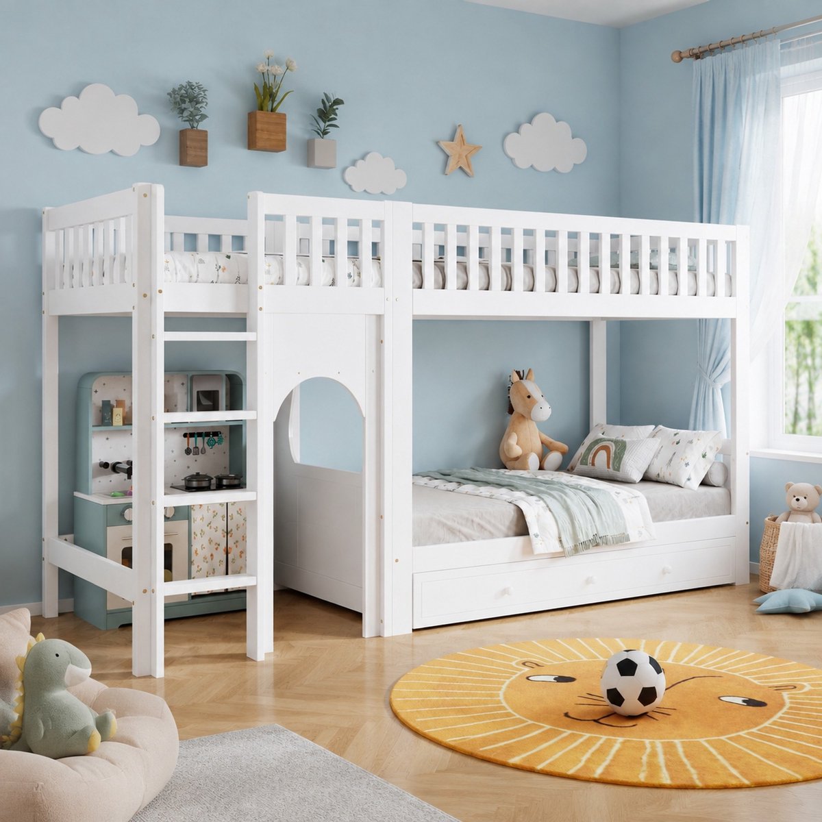 Wishdor Kinder stapelbed 90x200 cm - Vierstaps rechte ladder - Vierzijdige veiligheidshekken - Lattenbodem - Kinderkamer - Hout en MDF - Wit - 301 x 98,5 x 160 cm