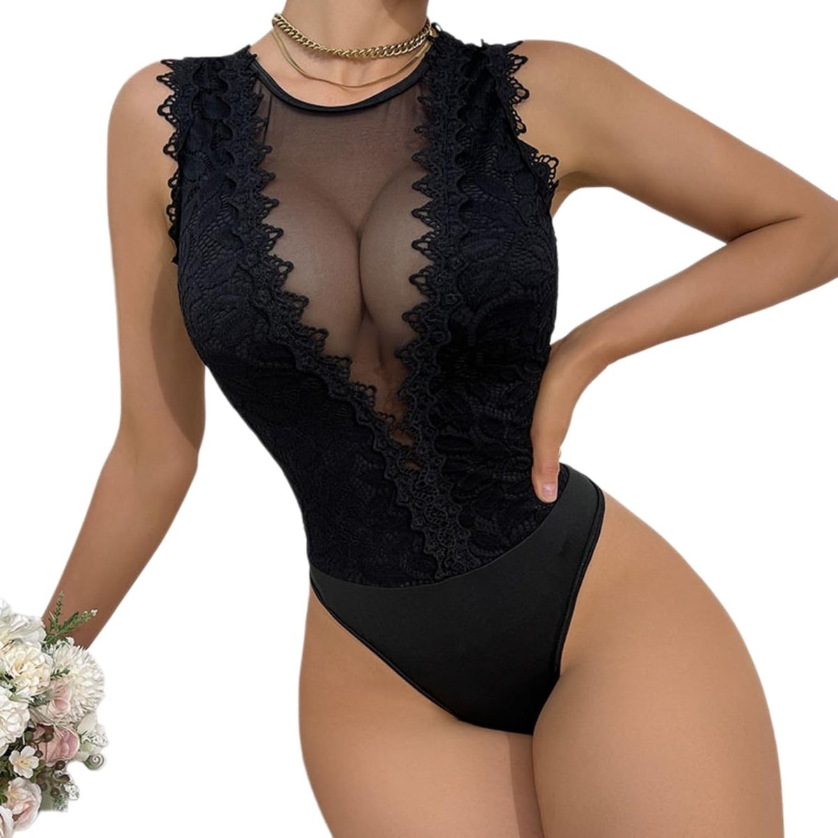 Dames sexy kanten body met diepe V-hals, mouwloos en doorzichtig mesh, perfect als lingerie of shapewear top