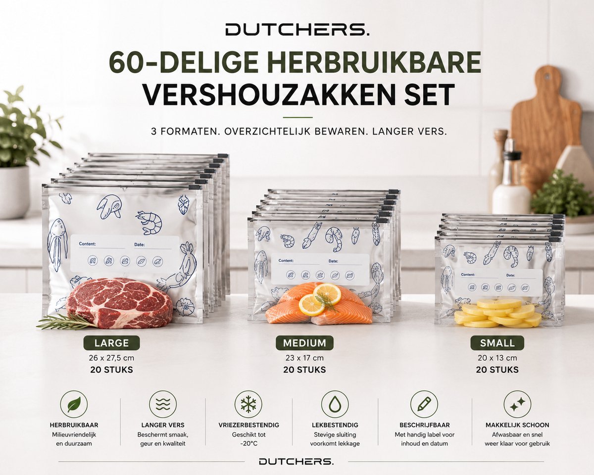 Dutchers® Herbruikbare Vershoudzakken 60 Stuks - 20x 3L, 20x 1,5L & 20x 0,8L – Wasbare Vrieszakken – Lekvrije Food Prep Bewaarzakken - Vacuumzakken - Voedsel bewaren – 3 Formaten – Voedselzakken met Datumlabel – Voor Vlees, Groente & Fruit