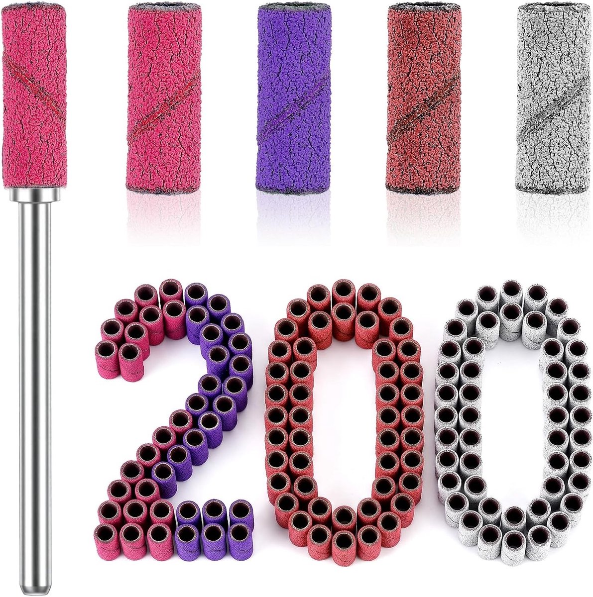 200 Stuks Mini Schuurbandjes voor Nagelboor Mix 80 120 180 240 Fijne Schuurpapier Strips met 2 Stuks Schuurpapier Lagers voor Acrylnagels en Gel Manicures en Pedicures