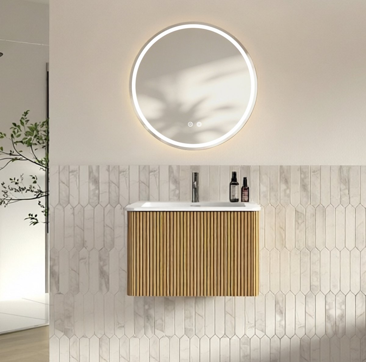 MIVRAY Badkamer Wastafelmeubelset Met Spiegel Wandhangend Met Ledverlichting En Lade Eikenkleur Voor Badkamer En Wooncomfort