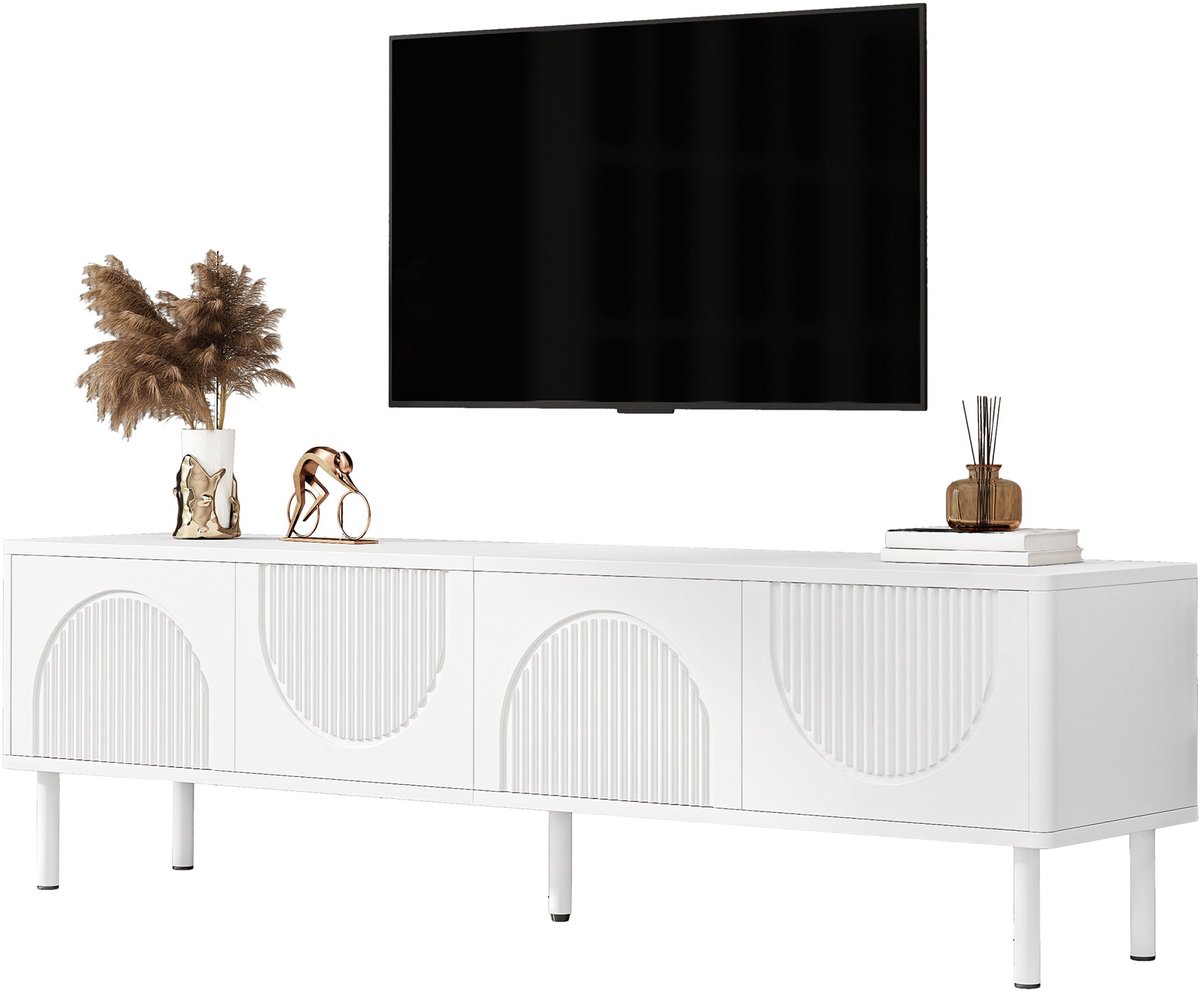 Merax Televisiemeubel 180 cm - Wit - 4 Deuren - Kabeldoorvoer - Reliëf Fronten - Veel Opbergruimte