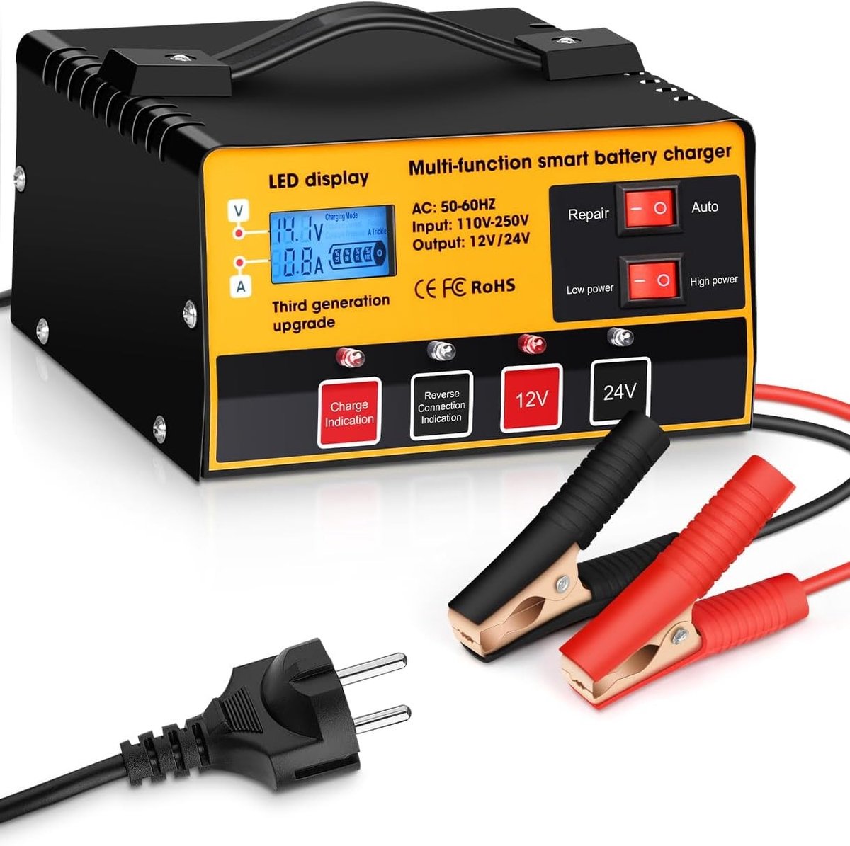 Auto Acculader - Oranje/Zwart - Volautomatische Acculader voor 12V/24V Batterijen - Voor Auto, Vrachtwagen, Motorfiets en Boten