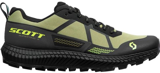 Scott Supertrac trailrunningschoen in olijfgroen met zwarte accenten en logo. Zwarte zool met profiel.