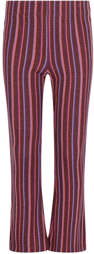 Bruine flared broek met verticaal gestreept patroon in roze en lila tinten.