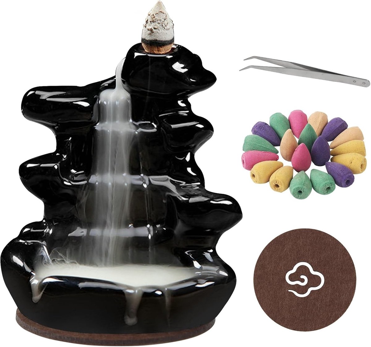 Ceramische Wierookhouder met 60 Wierookconen, Tangen en Tafelmat voor Meditatie, Zen en Yoga Decoratie