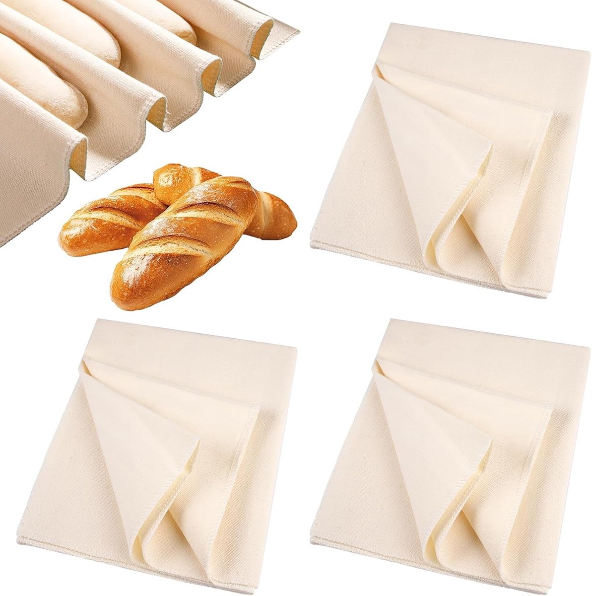 Linnen Doek Set van 3, Ideaal voor Brooddeeg en Bakken, 75 x 45 cm, Natuurlijke Katoenen Keukenaccessoires voor Perfecte Broden en Deegbereiding