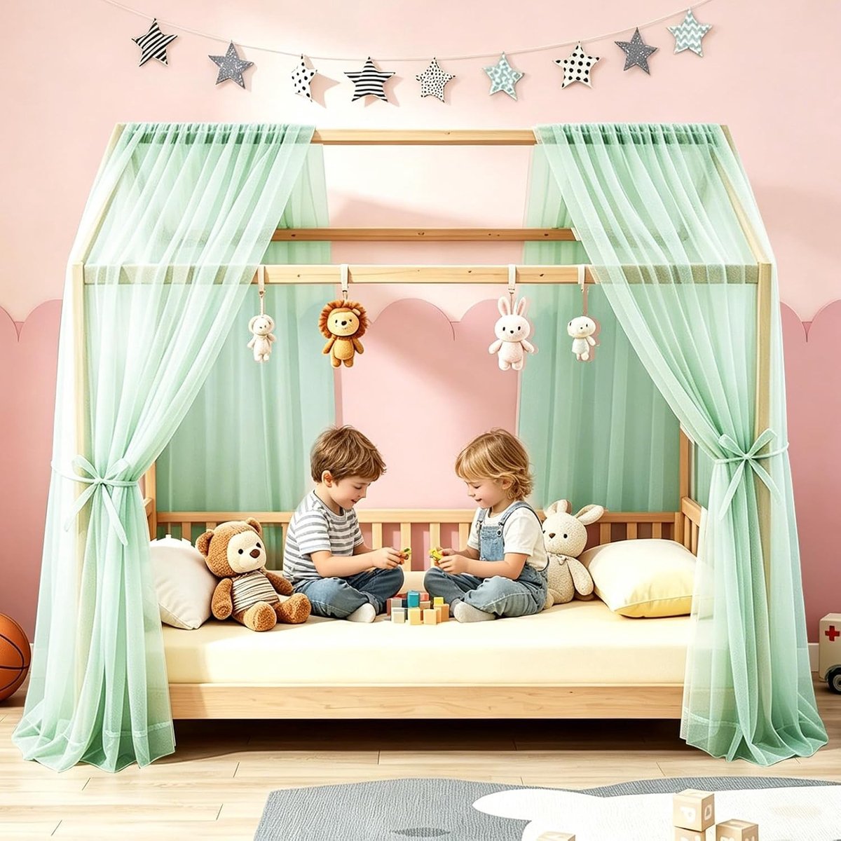 Huisbed Hemelset 2 Stuks 150 x 350 cm - Ademend Bedgordijn voor Kinderbed - Decoratieve Bedhemel van 100% Biologisch Katoen voor Meisjes en Jongens