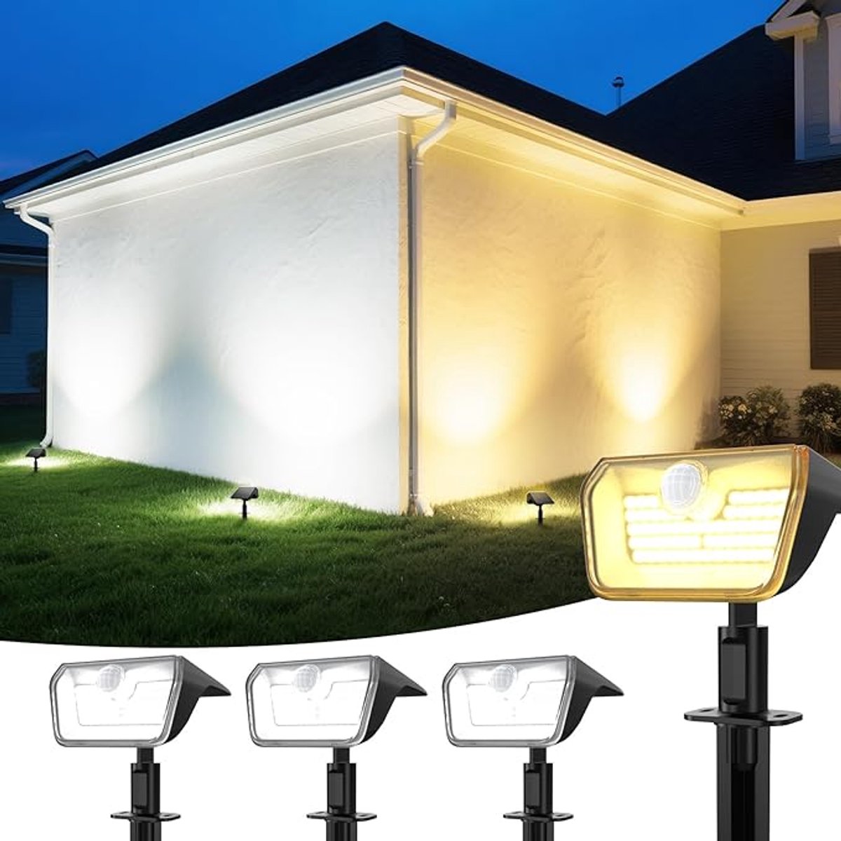 Solar Tuinspot Set Van 3 - LED Buitenverlichting Op Zonne-Energie Met Bewegingssensor - 60 LED 2 Lichtkleuren 3000K/6500K IP67 Waterdicht