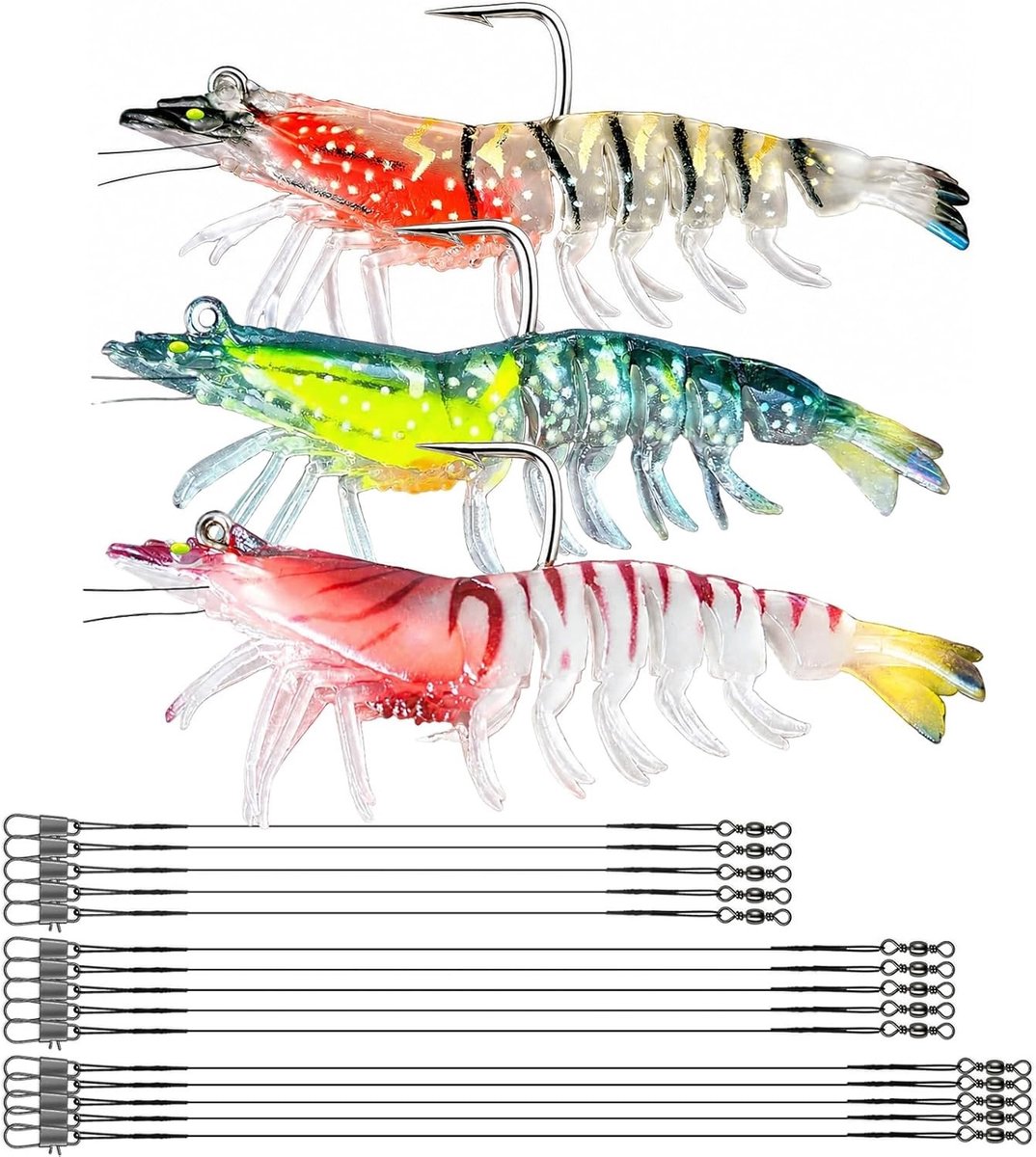 3 stuks Pre-Rigged snoekaas met haak, 15 stuks stalen voorvak, 3D realistisch aas voor baars, forel en snoek met lichteffect