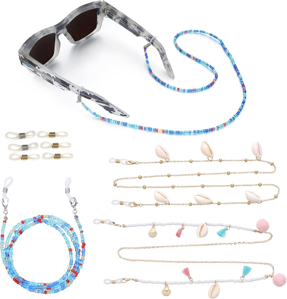 Glazen ketting voor zonnebrillen met 3 paar gespen, zee-schelp ontwerp, antislip en lichtgewicht brillenkoord voor dames en heren