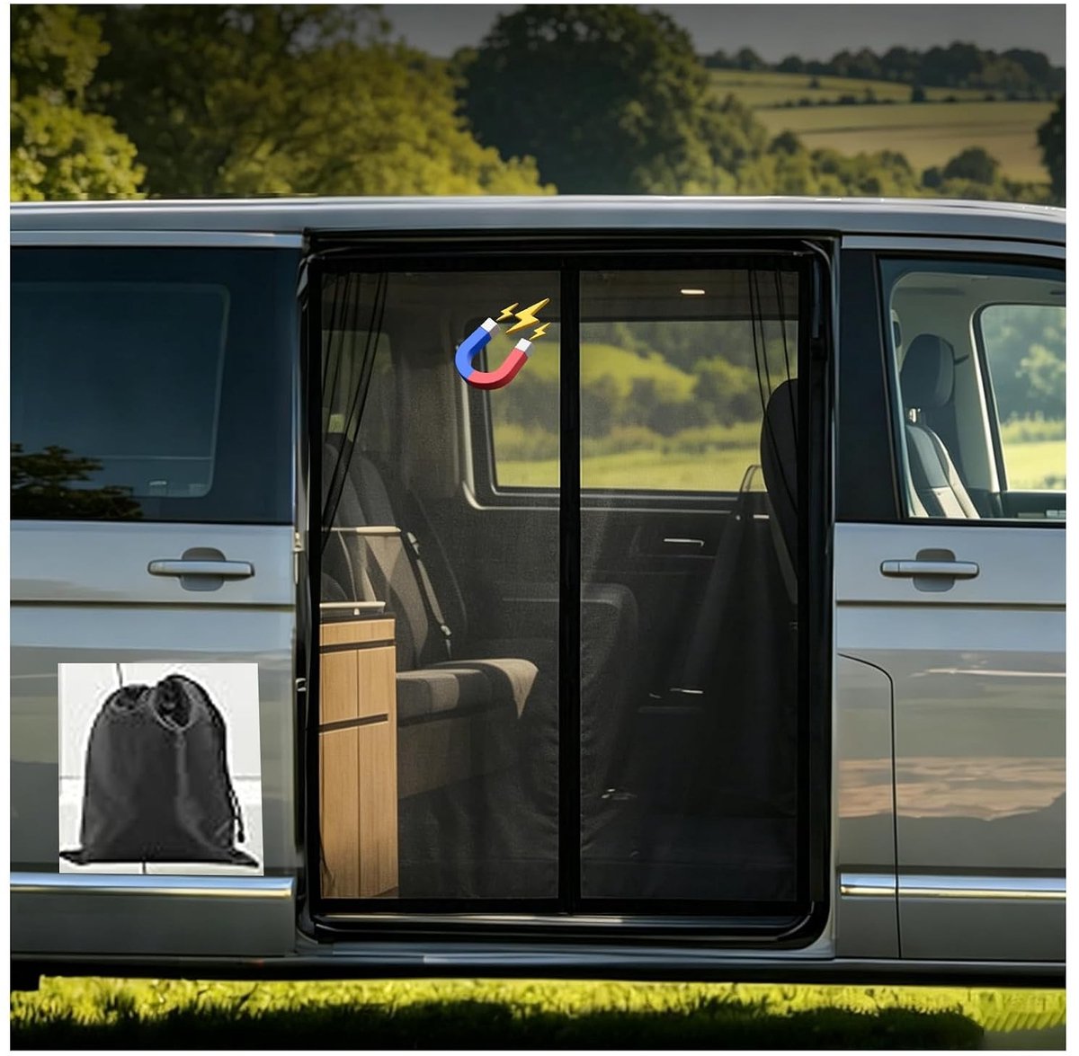 Perfecte Insectenbescherming en Zonwering met Magnetisch Hor voor VW T5 T6 Schuifdeur, Ademend 420D PU Net, Ideaal voor Kamperen en Buitenactiviteiten (Zijdeur 148 x 115 cm)