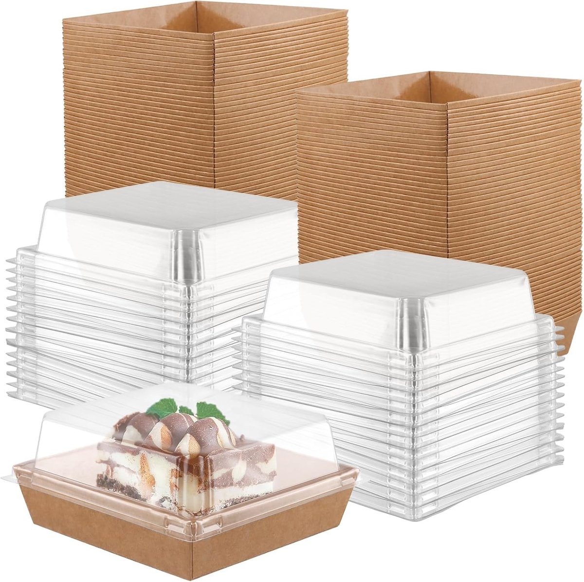 Pack van 100 vierkante plastic doosjes voor cakepunten, 13.5 x 12.5 x 6.5 cm, met doorzichtige deksels, ideaal voor gebak, desserts en snacks