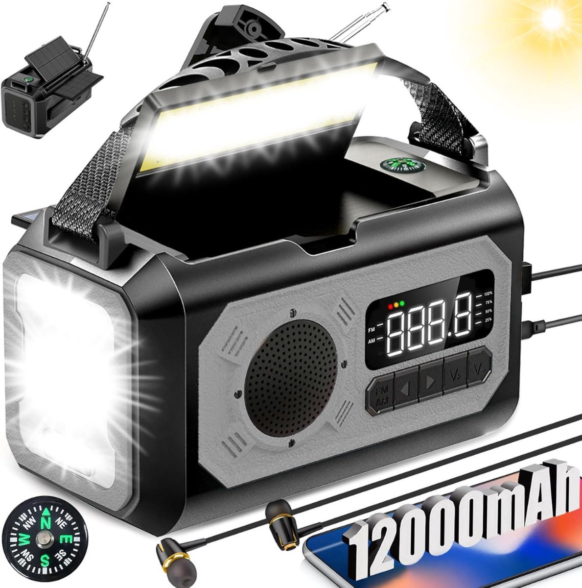 Florixa® Noodradio Opwindbaar en Batterij -io - Survival Radio - Groente- 12000 mAh - Zonnepaneel - Grijs- 16cm x 8cm x 9cm