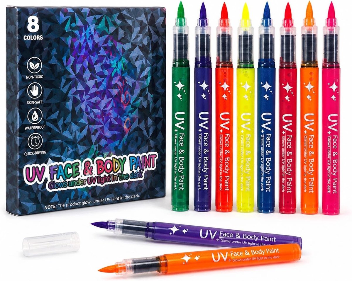 Tattoo pennen voor kinderen en volwassenen, 8 kleuren UV-glow stiften voor huid, huidvriendelijk en ideaal voor Halloween en carnaval