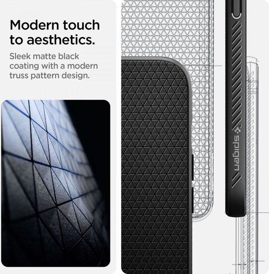 Moderne uitstraling van de Spigen Liquid Air hoes met zwart mat coating en driehoekig patroon.