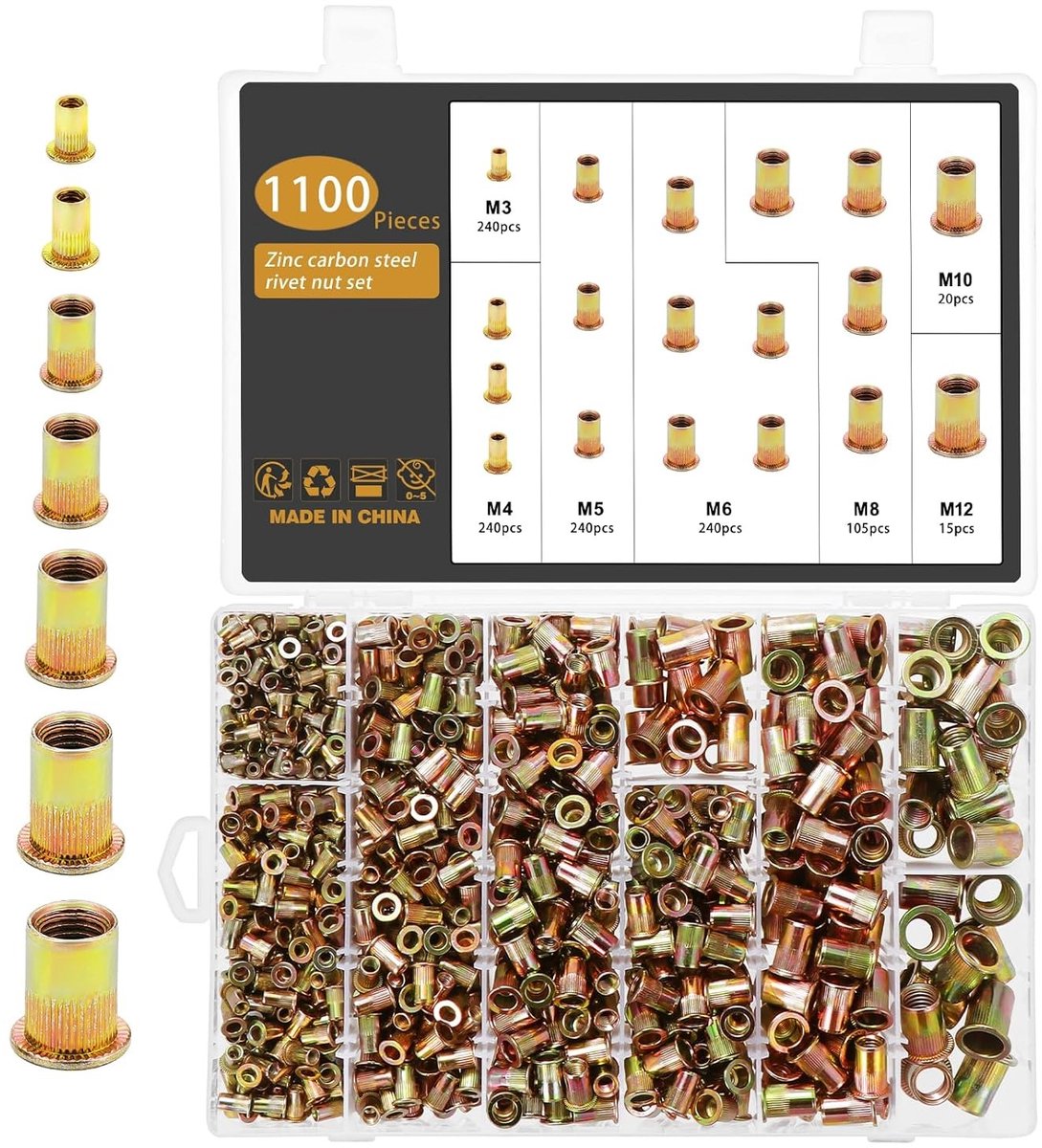 Assortiment van Geperste Moeren M3 tot M12 van Gegalvaniseerd Staal voor Metaal en Kunststof - 1100 Stuks