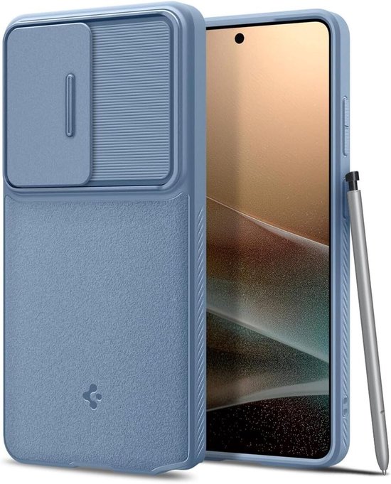 Blauw Spigen Optik Armor hoesje voor Samsung S26 Ultra met een schuifbare cameralens beschermer.
