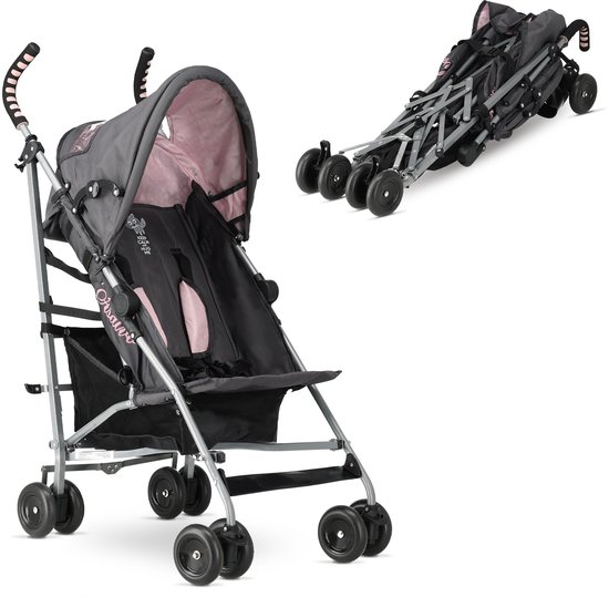 Grijze buggy met roze accenten naast een ingeklapte versie van dezelfde buggy.