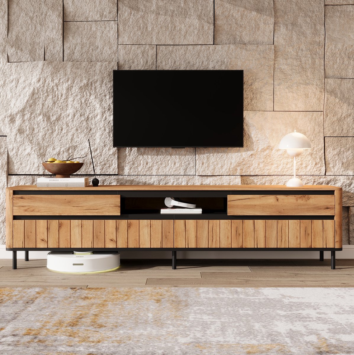 STILVORA Dressoir - TV Meubel Met 2 Lades En 2 Klepdeuren - Open Vak Met Kabeldoorvoer Voor Woonkamer - MDF - 180x40x52 Cm - Zwart;Natuurlijk