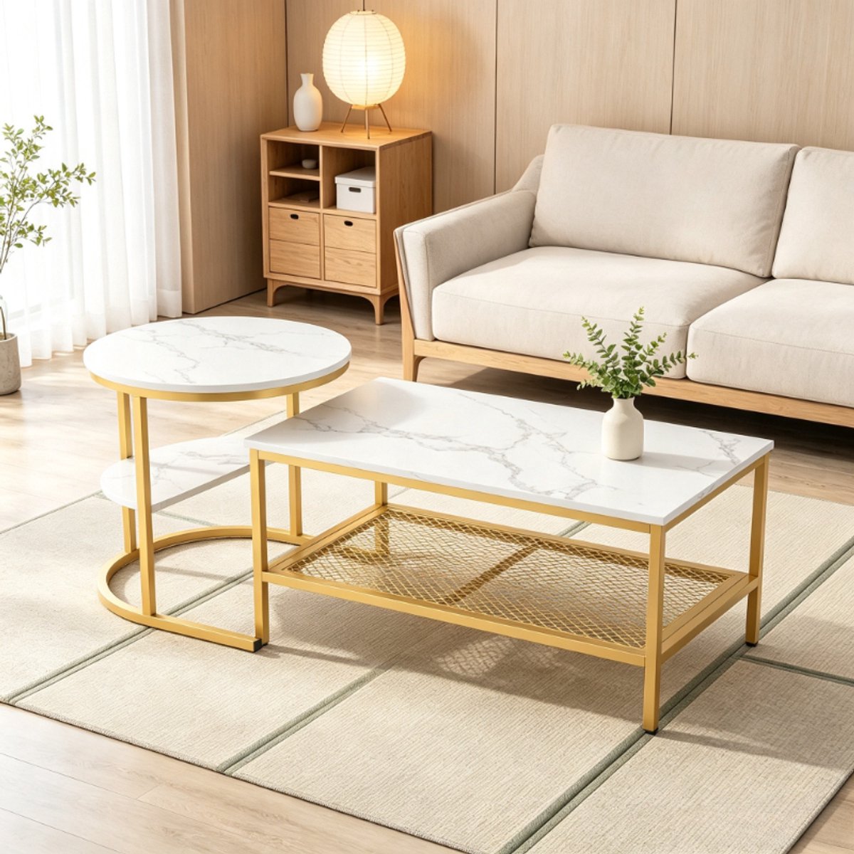 Salontafel set, bijzettafel, ronde en rechthoekige salontafel met 2 niveaus, marmerlook tafel, gouden frame, salontafel voor woonkamer