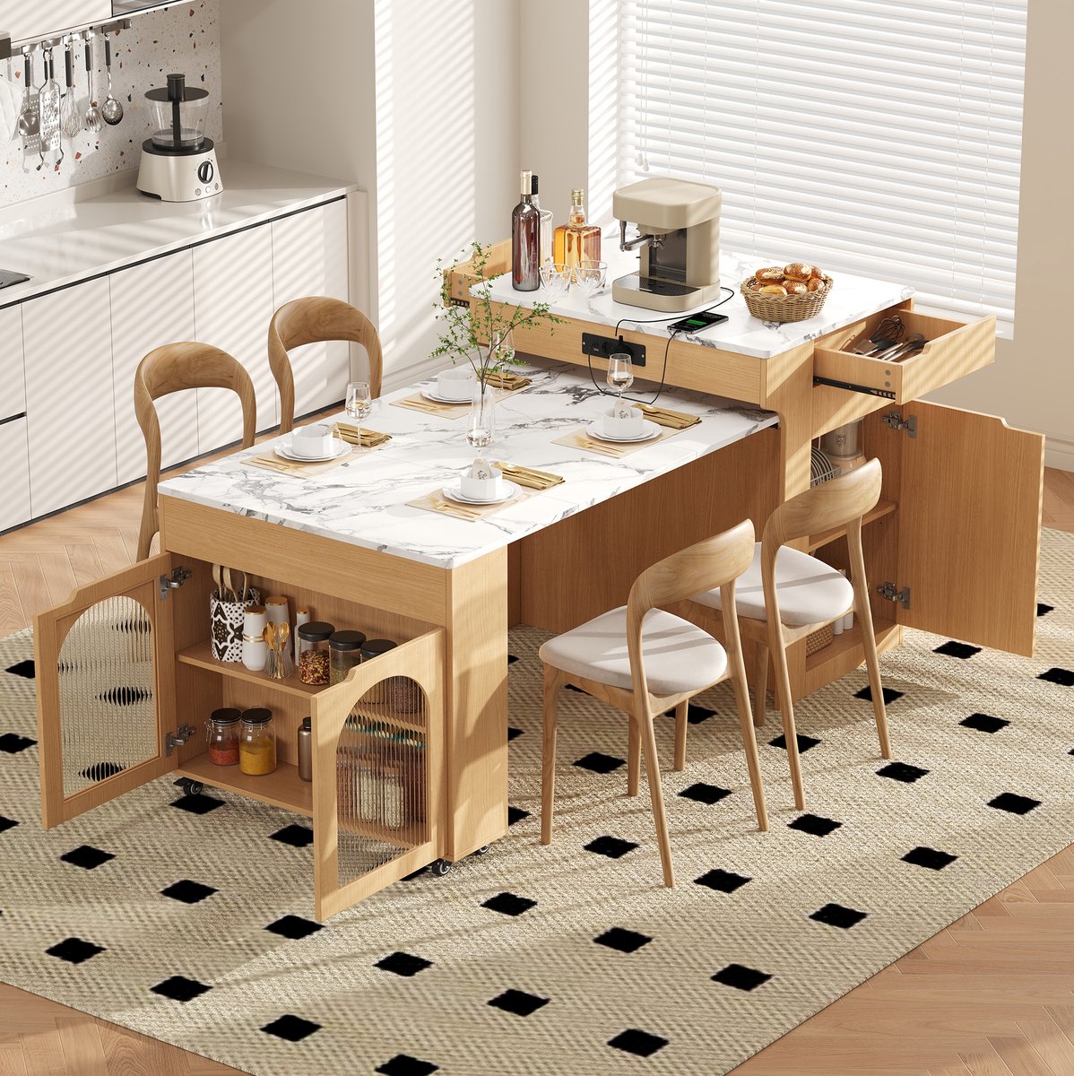 Wishdor - Eettafel - Uitschuifbaar keukeneiland met stopcontact en lades - Modern Scandinavisch - Keuken en eetkamer - Houtlook en glas - Naturel - 55-153 x 80 x 93 cm