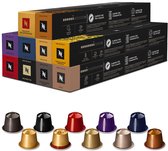 Dozen Nespresso Original koffie met diverse capsules in verschillende kleuren: goud, zilver, bruin, rood, paars, donkerblauw en zwart.