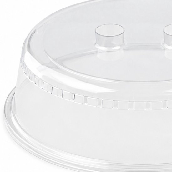Transparant magnetrondeksel met twee handgrepen en geribbelde rand.