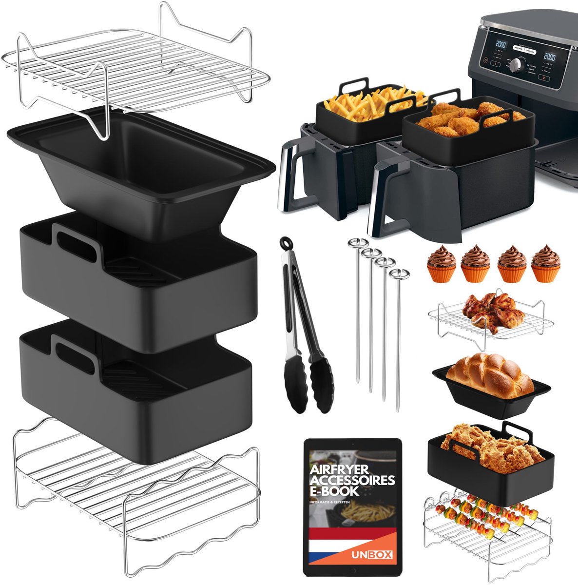 UNBOX Airfryer Accessoires - Geschikt voor Dubbele Airfryer - Princess 9L - Ninja Dubbele Airfryer XXL - Dual Airfryer DZ400EU, AF400EU - Inclusief Airfryer Siliconen Bakje - Airfryer Bakvorm