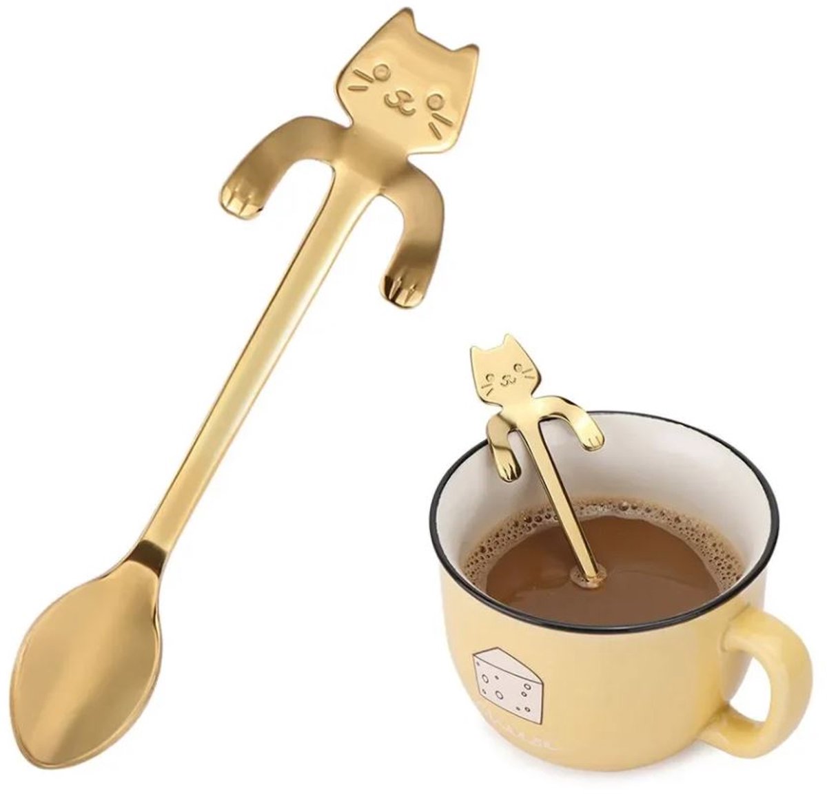 Theelepel kat - Koffielepel - Lepeltje poes - Theelepeltje - Hangende pootjes - Kattenlepeltje - Kleine lepel - Cat spoon - 11 cm - Goudkleurig - Jonyx