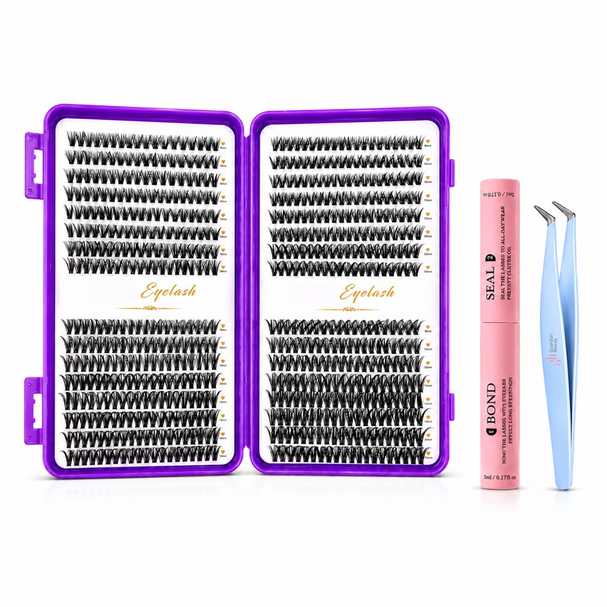 Guardian Beauty Wimper Extensions Set - DIY Cluster Wimpers 50P Mix - Bond & Seal Wimperlijm 10ml - Dubbelkoppig - Inclusief Blauw Pincet