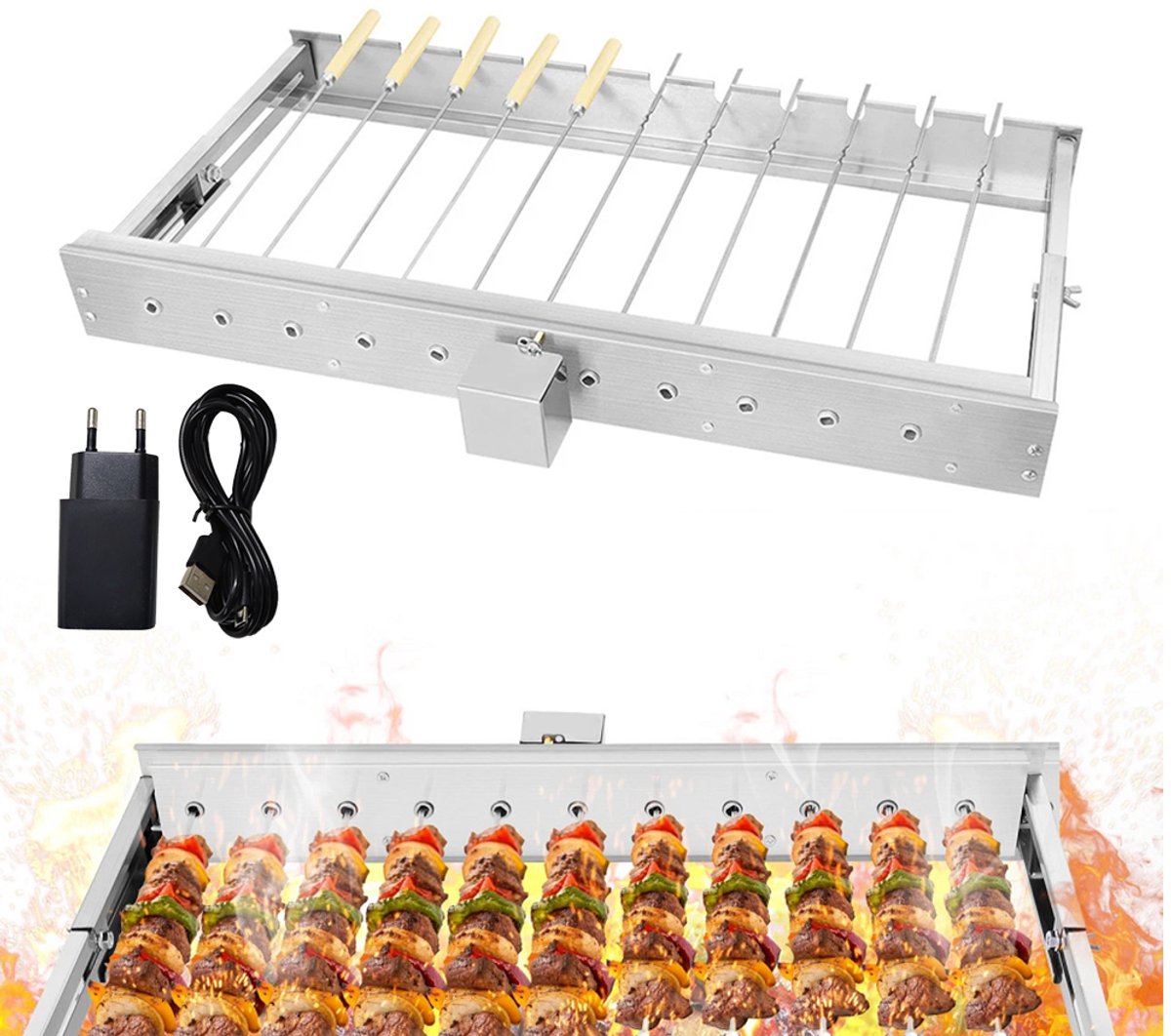 BBQ-grill - Spiesjesgrill - Volautomatische BBQ - Kantelbaar rooster - Geschikt voor shashlik/mangal spiesjes - Roestvrij staal - USB-voeding - Verstelbare breedte - Zilver