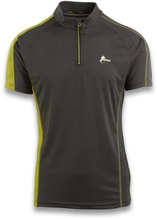 Donkergrijs sportshirt met korte mouwen, gele zijpanelen, rits bij de kraag en wit ANDE-logo op de borst.