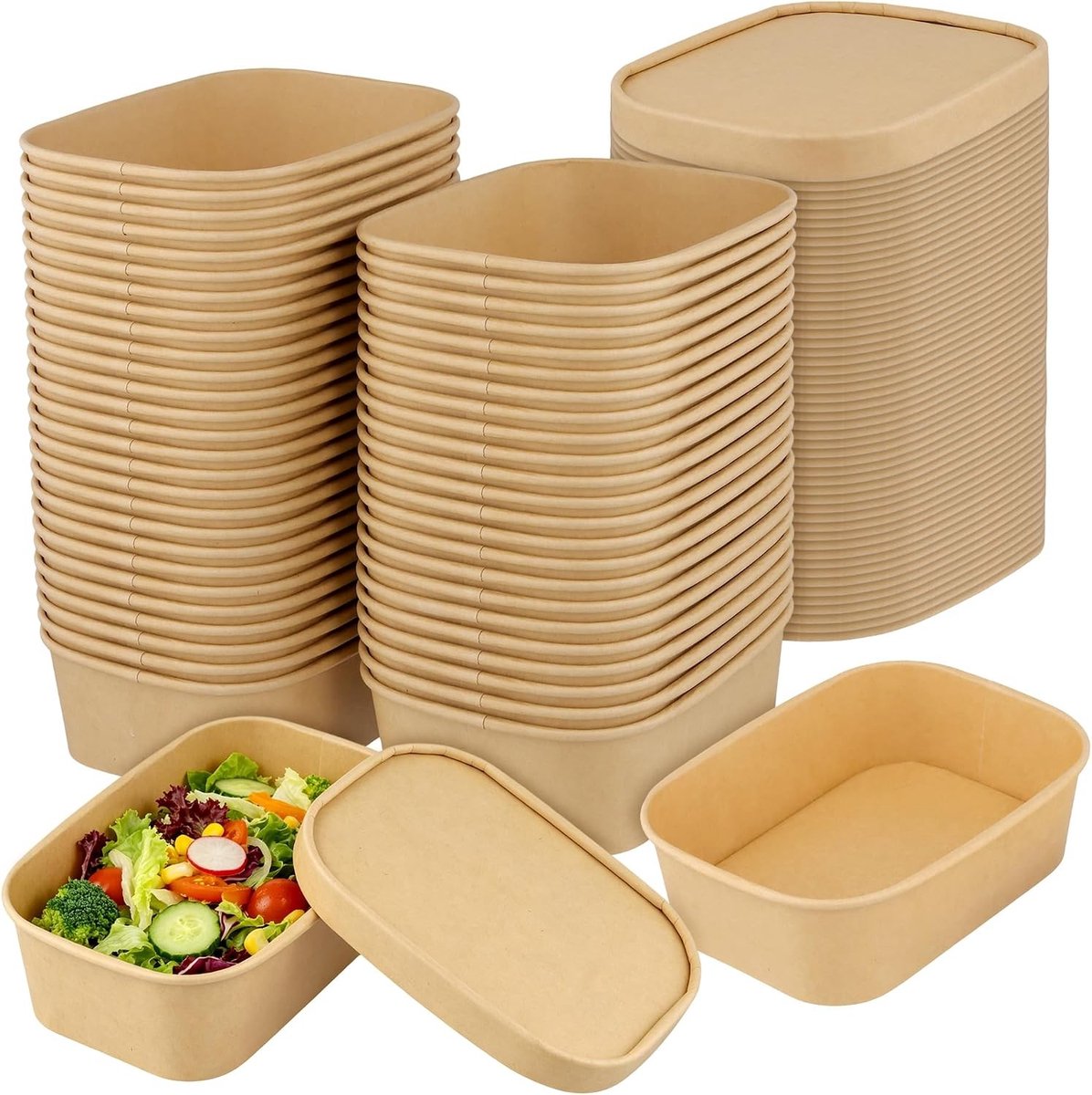 50 Stuks 650ml Kraftpapier Afhaaldozen met Deksels voor Voedselverpakking, Duurzame Rechthoekige Containers voor Afhaalmaaltijden en Catering, 6.8x40x2 inch