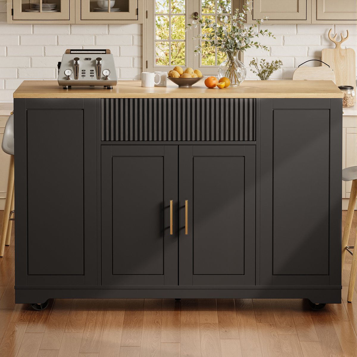COVREO Keukenkast 120x50x92 cm - met wielen, 2 deuren, 3 lades en afvalbakvak, zwart