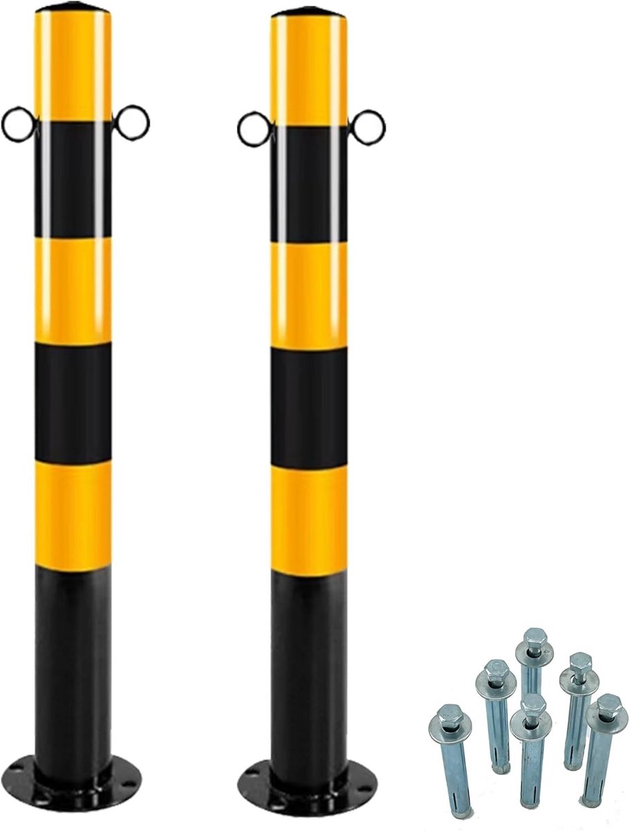 2 sluitpalen zwart-geel Ø 76 mm h 750 mm met 2 oogjes voor stevige staalconstructie, stabiele parkeerpalen set inclusief montagemateriaal