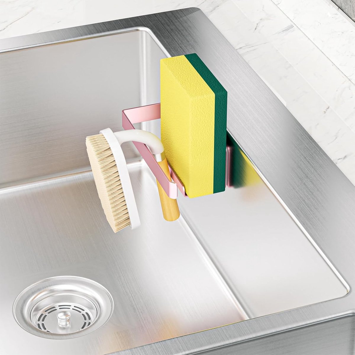 Zelfklevende Spons Houder voor de Keuken - Roze Gouden 2-in-1 Opberghouder voor Spons en Doek - RVS Keukenaccessoire met Sterke Hechting en Modern Design